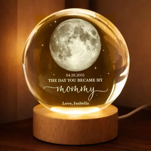Vista 15 de Pofily Pareja besándose bajo la luz de la luna, Fase lunar personalizada por fecha, luz nocturna LED de bola de cristal personalizada, regalo