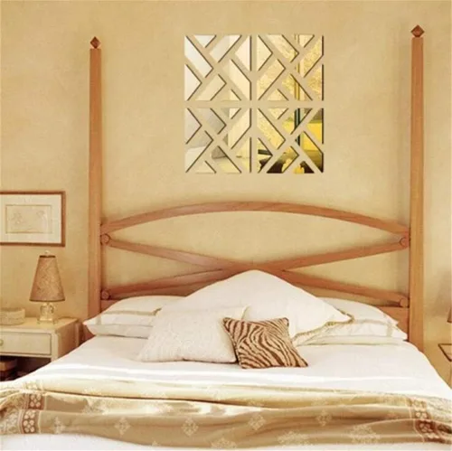 Vista 3 de Adhesivos de pared con espejo 3D, 4 piezas de acrílico cuadrado patrón geométrico adhesivo para bricolaje, espejo autoadhesivo de plástico, azulejos