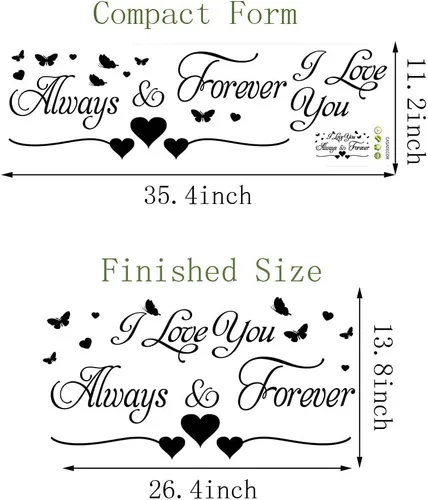 Vista 4 de Calcomanías de pared con texto en inglés "I Love You Always & Forever", calcomanías de pared románticas de mariposas y corazones, murales de vinilo