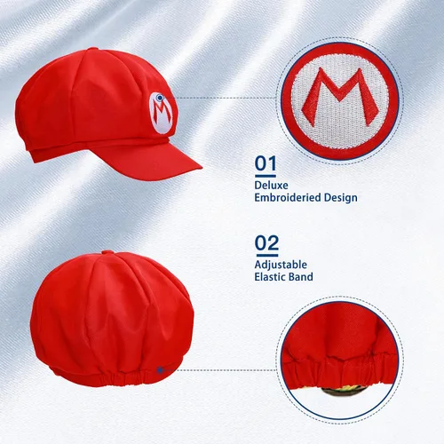 Vista 4 de Super Bros - Gorra de béisbol y bigote falso y guantes para adultos, adolescentes, suministros de fiesta de Halloween, cosplay