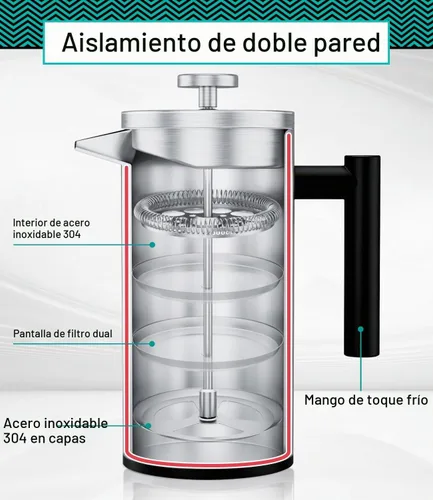 Vista 2 de Coffee Gator - Cafetera de prensa francesa de acero inoxidable 304 de 34 oz, tetera para té y café de doble pared aislada con sistema de filtración