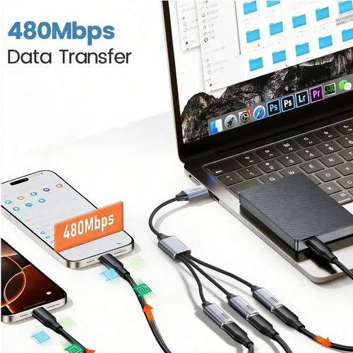 Vista 4 de Divisor USB C 1 en 3 salidas, USBC macho a adaptador múltiple tipo C hembra