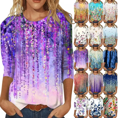 Vista 4 de Camisetas de manga 34 para mujer, con estampado de mariposas, casuales, holgadas, ligeras, blusas, X03-Multicolor