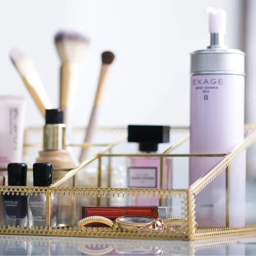 Vista 3 de Organizador de maquillaje antiguo para encimera, caja de almacenamiento de cosméticos de cristal, soporte de gran capacidad para pinceles, lápices
