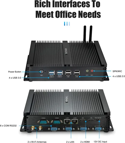 Vista 7 de KINGDEL Mini PC sin ventilador, CPU i5, 4GB RAM 128GB SSD, HD Graphics 4400, 6xCOM RS232, 4xUSB 3.0, 2xNIC, 2xHD Puertos de computadora de escritorio