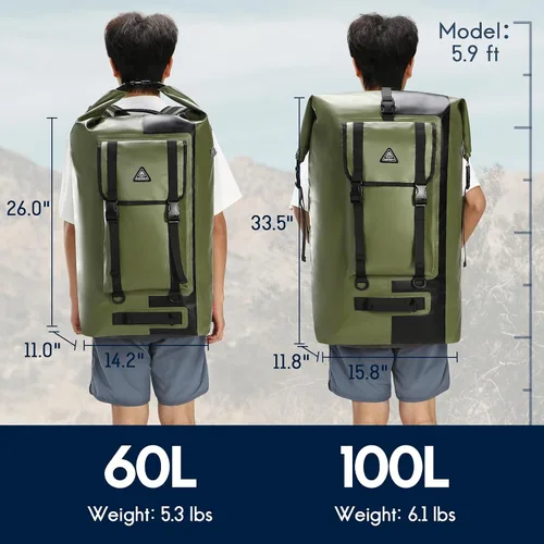 Vista 6 de Haimont Mochila enrollable 100% impermeable de gran capacidad IPX7, bolsa seca con bolsillos y válvula de aire, kayak, campamento, 60/100L