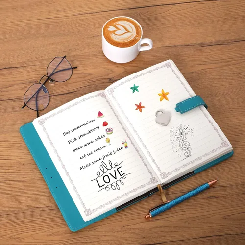 Vista 5 de Diario con candado en forma de corazón con bolígrafo, tamaño A5, cuero sintético PU suave, diario con cerradura, planificador personal, cuaderno