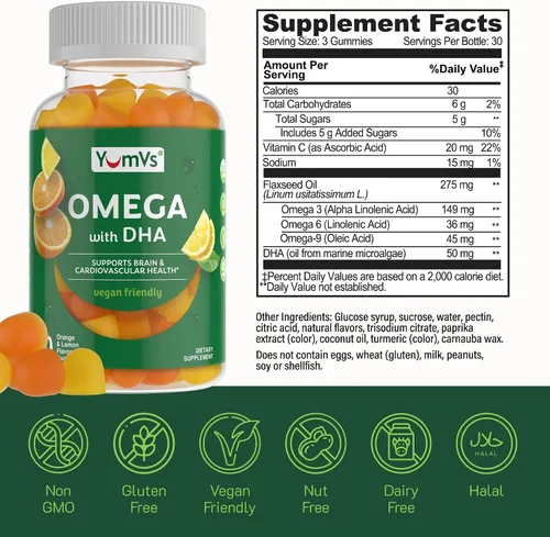 Vista 2 de YUM-V'S - Gomitas veganas Omega-3 DHA, limón y naranja (90 unidades) Soporte para el cerebro, los ojos y el corazón con DHA de algas y linaza