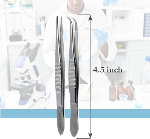 Vista 2 de Juego de 2 pinzas quirúrgicas de micro precisión con puntas dentadas, pinzas de laboratorio de acero inoxidable, puntas rectas y curvadas de punta