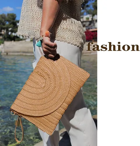 Vista 4 de Bolso de mano de mimbre tejido de rafia para niñas, bolso cruzado de verano para playa