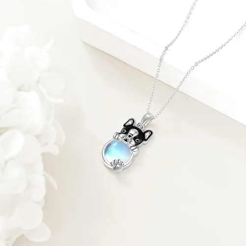 Vista 6 de KQF Collar de plata de ley con diseño de gato y bulldog francés, vacapanda, lindo animal con piedra lunar, regalo de joyería para mujeres y niñas