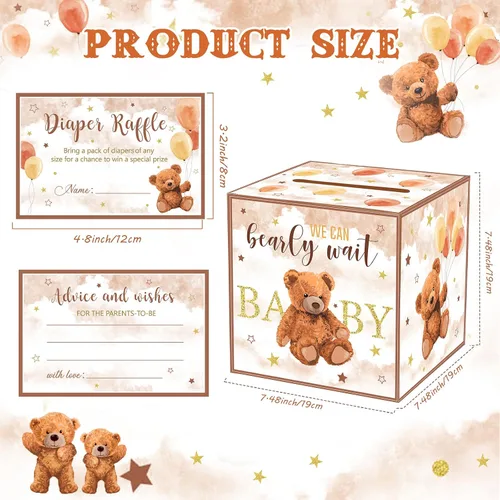 Vista 2 de Fumete 51 piezas Caja de tarjetas de rifa de pañales con osos con tarjetas de rifa de pañales insertadas, No podemos esperar, para baby shower