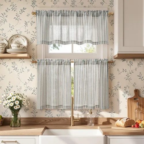 Vista 28 de Jinchan - Juego de cortinas y cenefas de cocina estilo bohemio negro sobre beige y bolsillo para barra Boho Negro sobre Beige