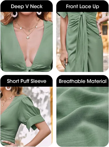 Vista 5 de Fisoew Vestido de verano con botones para mujer, vestido largo de manga corta abombada, cuello en V profundo, vestido largo