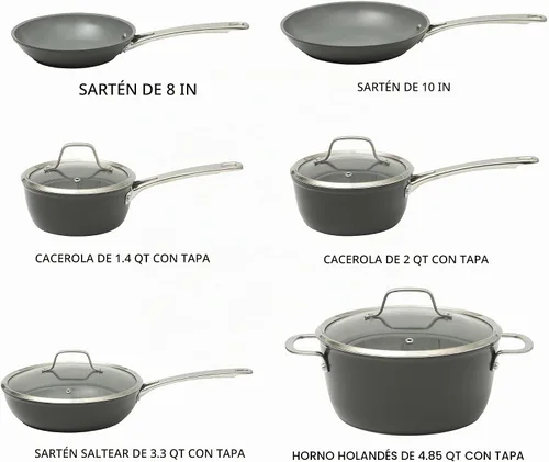 Vista 3 de Sur La Table Kitchen Essentials Cool Commune - Juego de ollas y sartenes de aluminio forjado anodizado duro de 10 piezas, libre de PFA