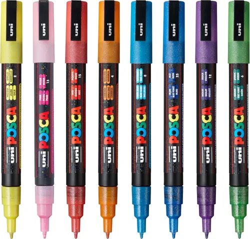 Vista 2 de Posca Juego de marcadores de purpurina, 8 marcadores de pintura fina 3M - tonos de purpurina - amarillo, verde, violeta, azul, azul claro, naranja
