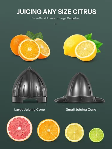 Vista 2 de Exprimidor eléctrico profesional de cítricos de acero inoxidable cepillado, 2 conos intercambiables para naranja, limón y pomelo, fácil de limpiar