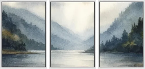 Vista 9 de SIGNWIN Lienzo enmarcado para pared, juego de arte tranquilo con reflejo de lago, acuarela, montaña y agua, ilustraciones modernas, arte abstracto
