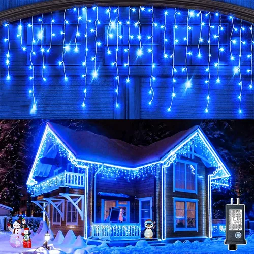 Vista 16 de Luces de Navidad de carámbano para exteriores, 66 pies, 640 luces LED de Navidad azules y blancas, 8 modos con 120 gotas, luz de carámbano