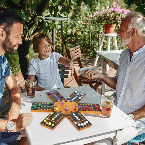 Vista 6 de Juego de mesa de mármol, juego de mesa de madera para 4 y 6 jugadores, juego de mármol original portátil con 24 canicas, 12 dados para familiares