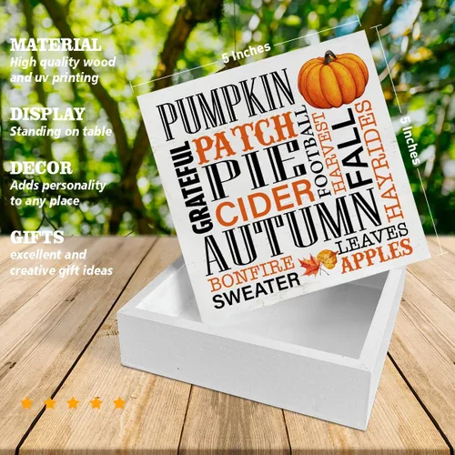Vista 2 de Cartel de madera de otoño para decoración del hogar, letrero cuadrado de madera de otoño, decoración de escritorio, tema de otoño, bloque de madera
