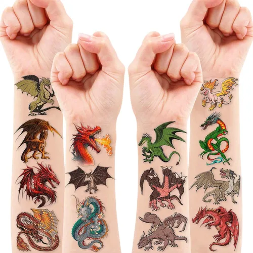 Vista 9 de 96 piezas de tatuajes temporales precortados de dragón, suministros de fiesta de cumpleaños, decoraciones de caballero dragón, tatuajes falsos súper