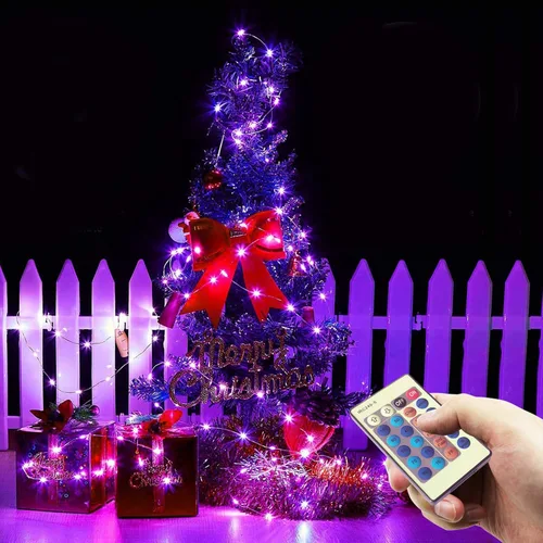 Vista 5 de RUICHEN Luces de hadas moradas regulables enchufables, 33 pies, 100 luces LED parpadeantes con control remoto, luces de alambre plateado