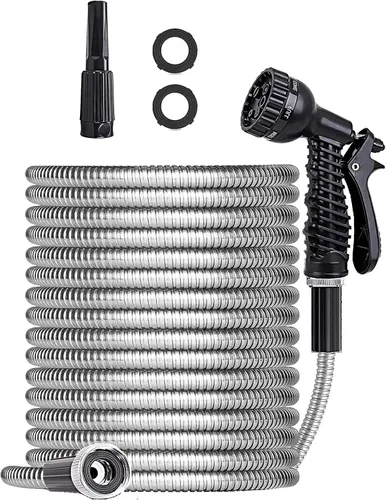 Vista 6 de Manguera corta de metal de 5 pies, diámetro de 5/8", manguera de agua de plomo de acero inoxidable con boquilla ajustable, mangueras pequeñas