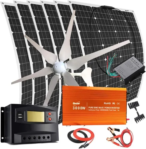 Vista 8 de Kit de generador solar eólico de 1000 W: turbina de viento de 400 W y 6 paneles solares semiflexibles de 100 W, cargador y accesorio