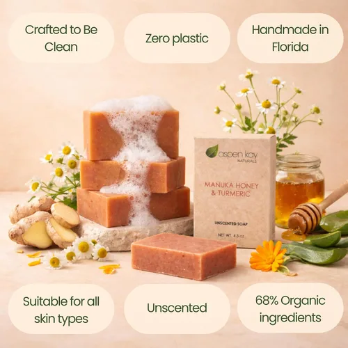Vista 6 de Aspen Kay Naturals Barra de jabón de miel y cúrcuma de Manuka para cuerpo y cara, jabón facial de cúrcuma natural con aloe vera orgánico, manteca