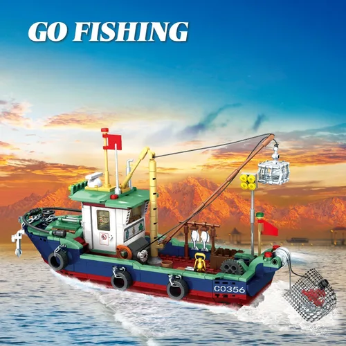 Vista 2 de Juego de bloques de construcción de barcos de pesca, juego de bloques de construcción de pesca en el mar, juego de juguetes de colección