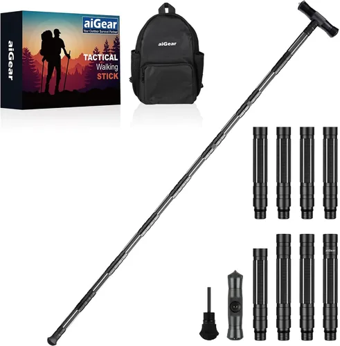 Vista 10 de aiGear G2 Tactical Hiking Stick with Multi-Tool, 5-8 Section Walking Staff Negro