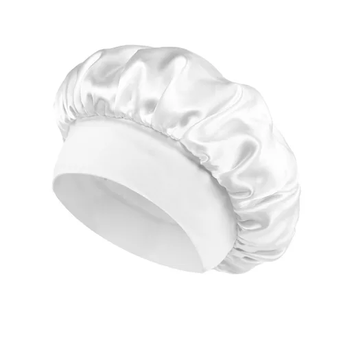 Vista 2 de Gorro de seda blanco para mujeres durmiendo, gorro de seda para dormir, trenzas de cabello rizado, gorra de satén grande para dormir, gorra de noche