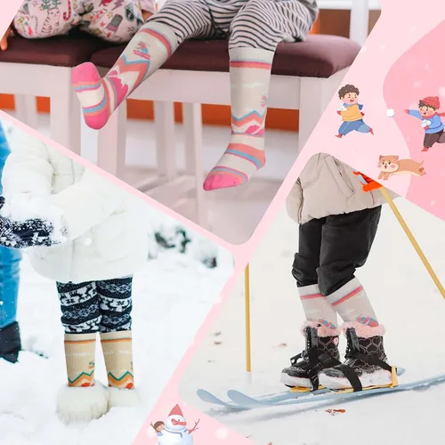 Vista 5 de unenow Calcetines de esquí de lana merino para niños, 2 pares, calcetines térmicos cálidos de invierno para niños y niñas pequeños