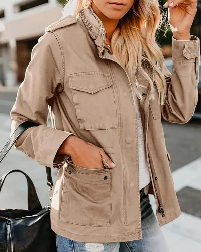Vista 2 de Chaqueta militar para mujer, con cremallera y botones a presión, ligera, anorak utilitario para uso en campo, safari, abrigo para exteriores