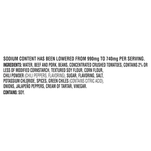 Vista 3 de Hormel Chili con Frijoles, Menos Sodio, (Paquete de 12), Lata de 15 oz de Chili, – 16g de Proteína por Porción, Sin Gluten - Ideal para Platos