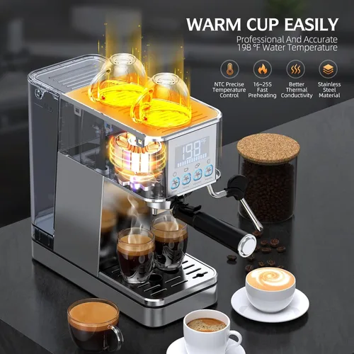 Vista 7 de LERTIN - Cafetera de expreso de 20 bares, compacta, de acero inoxidable, con varita espumadora de vapor, tanque de agua extraíble de 57.5 oz
