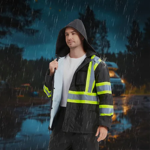 Vista 7 de ProtectX Ropa de lluvia impermeable de alta visibilidad para hombres y mujeres, chaqueta reflectante de seguridad y pantalón de alta visibilidad