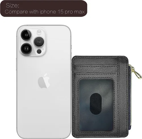 Vista 6 de CATCH ON Cartera pequeña para mujeres y hombres, delgada y minimalista de piel sintética, bolsillo frontal, tarjetero con bolsillo con cremallera