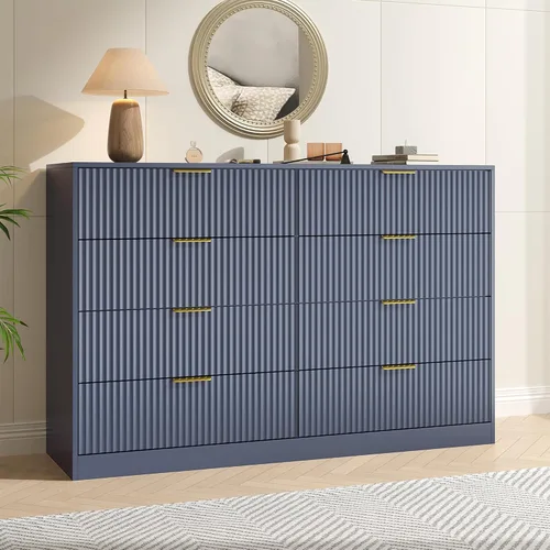 Vista 15 de Cómoda negra con 6 cajones profundos, cómoda acanalada de 55" de ancho para dormitorio con tirador dorado, cómoda moderna para armario, dormitorio