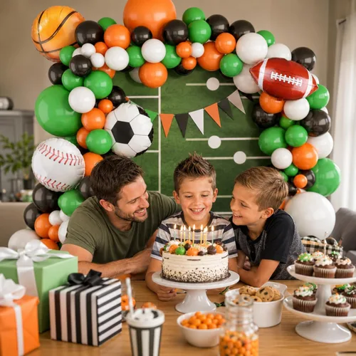 Vista 5 de Guirnalda de arco de globos deportivos, kit de guirnalda de globos con tema de bolas, globos blancos, verdes, negros y naranjas, globos de aluminio