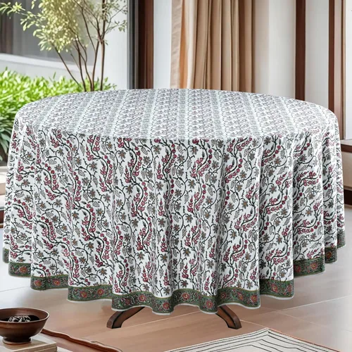Vista 12 de Mantel redondo con estampado de bloque a mano, 100% algodón, reutilizable, turquesa, verde musgo, 90 pulgadas, mantel decorativo para uso diario