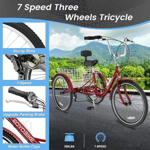 Vista 2 de Slsy Triciclo para adultos de 7 velocidades, 20/24/26 pulgadas, bicicleta de 3 ruedas para adultos con cesta de compras grande, capacidad de 350