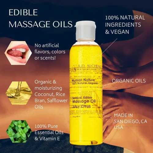 Vista 3 de RD Alchemy - Aceite de masaje comestible 100% natural y orgánico, juego de 2 piezas, paquete de muestra de 4 sabores + masajeador corporal.