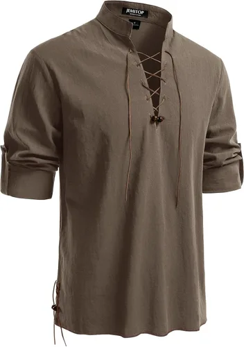 Vista 39 de JEMITOP Men's Pure Cotton Renaissance Lace Up Shirt Verde militar