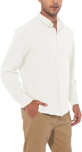 Vista 2 de Camisa casual de lino con botones para hombre manga larga ajuste regular camisa de playa con bolsillo