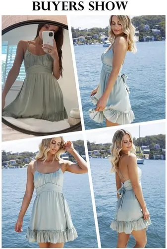 Vista 4 de Dokotoo Vestidos de tirantes delgados para mujer, cuello redondo, lazo, sin mangas, cintura elástica, dobladillo con volantes, acampanado, casual
