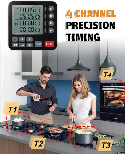 Vista 3 de TPNEG Temporizador digital de cocina – Temporizador de cocina de 4 canales con alarma, parte trasera magnética, modos ruidosos y silenciosos, cuenta
