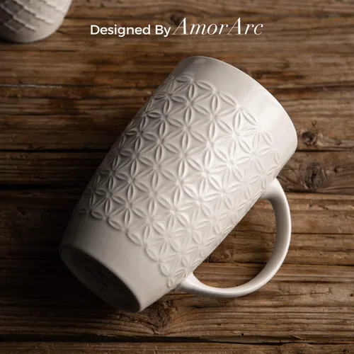 Vista 4 de AmorArc Juego de 6 tazas de café extragrandes de cerámica de 20 onzas con patrones geométricos texturizados para café, té, cerveza, cacao caliente