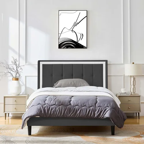 Vista 3 de Base de cama tapizada de tamaño matrimonial con cabecera de terciopelo moderna y soporte de listones de madera resistente, antideslizante, sin